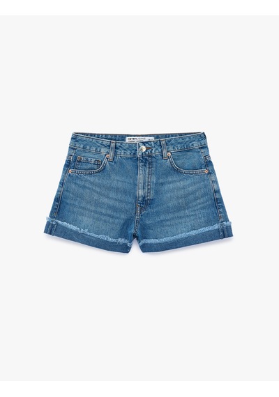 Koton Pamuklu Düğmeli Normal Bel Katlı Paça Mini Denim Şort Orta İndigo 6sal40231md
