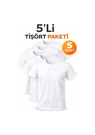 Hanclo 5 Li Erkek Basic Tişört Seti Pamuklu Regular Fit Günlük Rahat T-shirt Beyaz