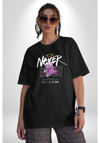 Asla Asla Deme Pamuklu Bisiklet Yaka Unisex Oversize Boyfriend Dijital Baskılı Siyah T-shirt Siyah
