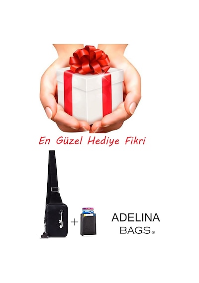 Adelina Bags Hakiki Deri Göğüs Ve Omuz Çanta Ve Mekanizmalı Kartlık Cüzdan Siyah
