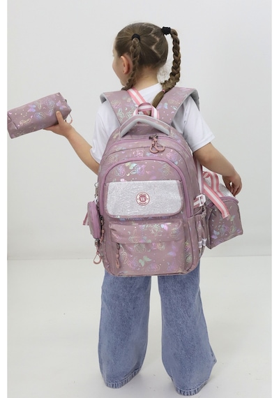Kız Çocuk Okul Çantası 3lü Set Pudra Desenli Parlak Kapaklı İlkokul Çanta Seti Pembe