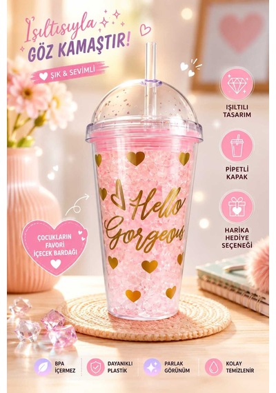 Led Işıklı,pipetli ,simli Pullu Desenli Çocuklara Sevimli İçeçek Bardağı Pembe Pembe