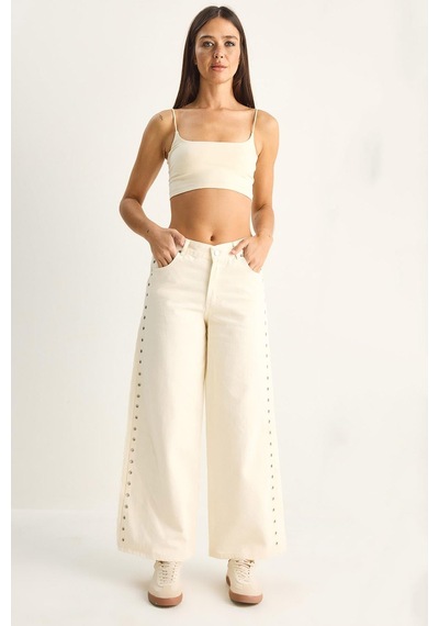Shade Kadın Yanları Metal Detaylı Wide Leg Denim Pantolon 60282058 - Krem