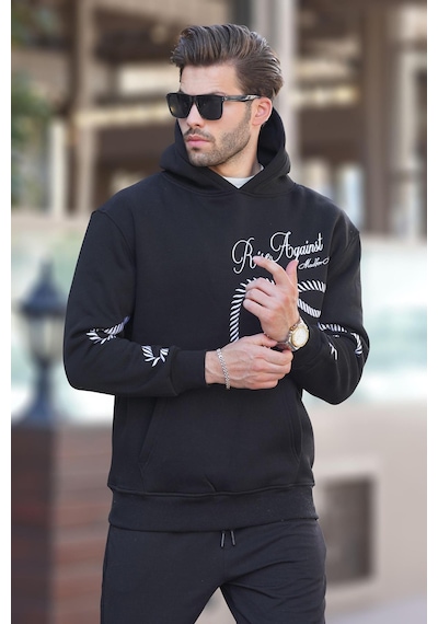 Madmext Siyah Baskılı Kapşonlu Cep Detaylı Erkek Sweatshirt 7067 Siyah