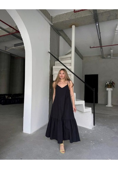 Poplin Kumaş Ayarlanabilir Askılı Elbise Siyah