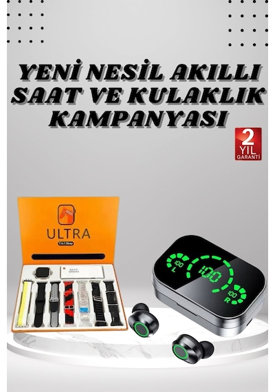 Akıllı Saat Aksesuarları 7 Kordonlu Akıllı Saat Ve Aynalı Bluetooth Kulaklık Powerbank Dijital Göstergeli STANDART