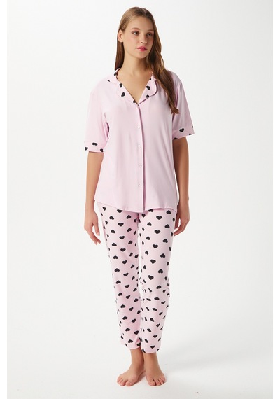 Kadın Lily Yumuşak Doku Pembe Kalpli Ön Düğmeli Kısa Kollu Pijama Takımı Pembesiyah Pembe - Siyah