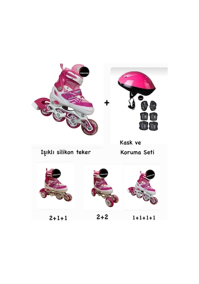 Işıklı Çocuk Pateni Ayarlanılabilir Silikon Tekerli Frenli Metal Gövdeli Paten Ve Kask Dizlik Set Pembe Işıklı Çocuk Pateni Ayarlanılabilir Silikon Tekerli Frenli Metal Gövdeli Paten Ve Kask Dizlik Set Pembe