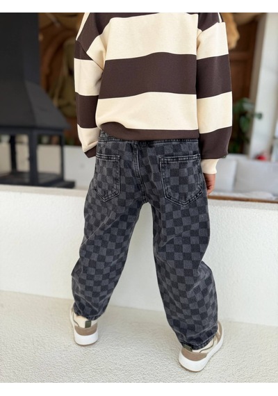 Ponki Unisex Çocuk Oversize Damalı Denim Jean Pantolon Kahverengi