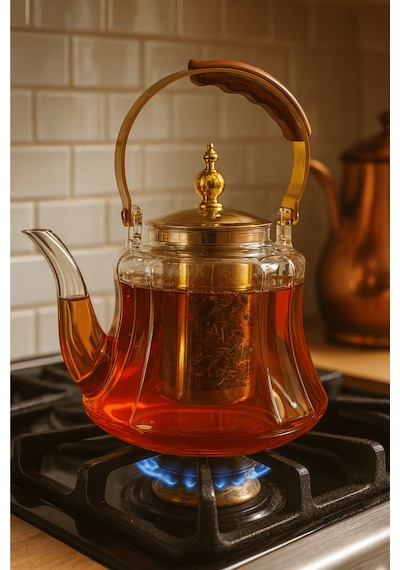Ahşap Saplı Isıya Dayanıklı Borosilikat Amber Cam Demlik 1200 Ml Süzgeçli Cam Demlik Amber