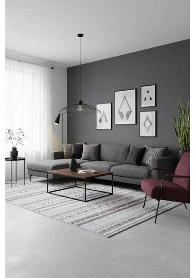 Gri Siyah Pamuk Polyester Modern İskandinav Yıkanabilir Halı - Yo13000a Gri - Siyah
