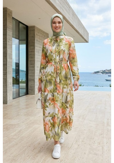 Hb Harma Time Butik Kadın Düğmeli Desenli Modal Kumaş Yeşil Elbise