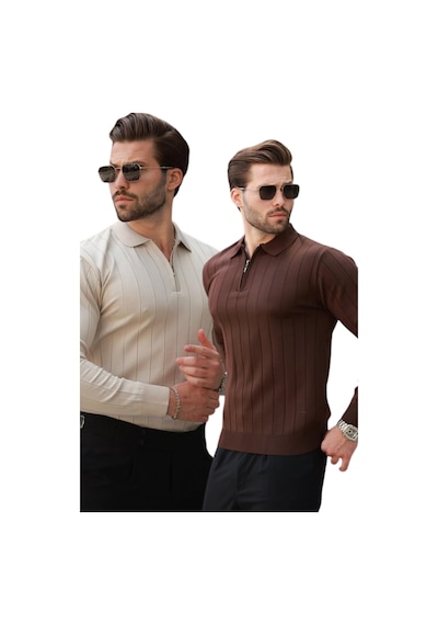 Madmext Kahverengi/bej Polo Yaka Fermuarlı Örme Kazak 2'li Set 7242 Kahverengi/bej