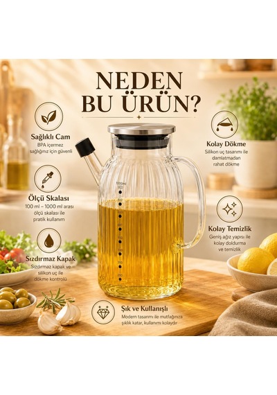 Cam Yağdanlık 1000 Ml Ölçü Göstergeli Silikon Uçlu Paslanmaz Kapaklı
