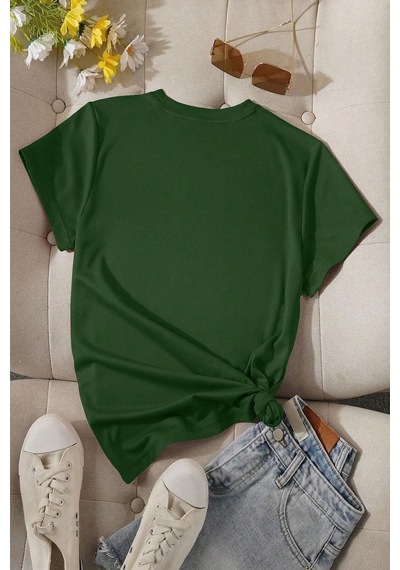 Kadın Pamuklu Ön Baskılı Papatya Kelebek Tasarım Tshirt Yeşil