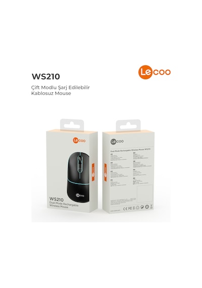 Lecoo WS210 Kablosuz 1600DPI 6 Tuşlu Çift Modlu RGB Şarj Edilebilir Sessiz Mouse