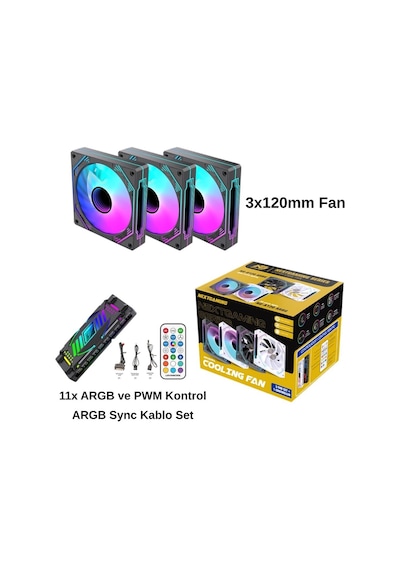 NG-A120B 3 Adet 120mm Kasa Fan 11X ARGB PWM Slot Kontrolcü ve Kumanda Siyah