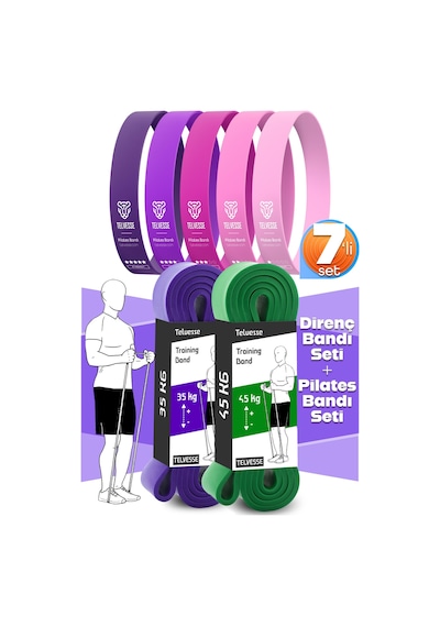 7li Mega Set 35+45 Kg + 5li Pilates Direnç Bandı Barfiks Lastiği Loop Band Pembe Ton Çok Renkli