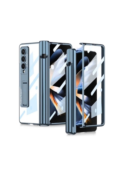 Samsung Uyumlu Galaxy Z Fold 4 Kılıf Zore Kıpta Standlı Kalem Bölmeli Kapak Mavi