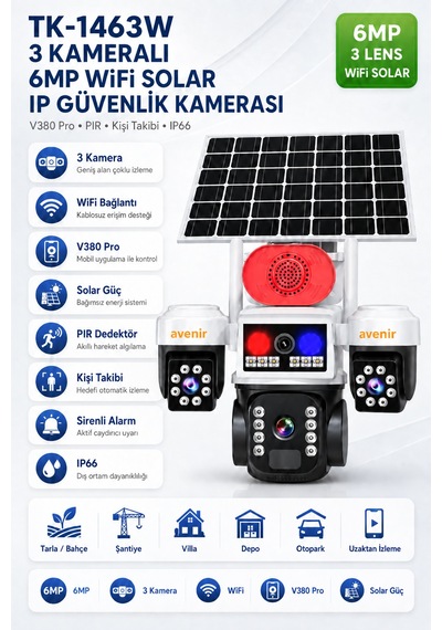 Avenir Tk-s1463w 6mp 3 Kameralı 4g Sım Kartlı Solar Ptz Kamera 12000mah Batarya, V380 Pro