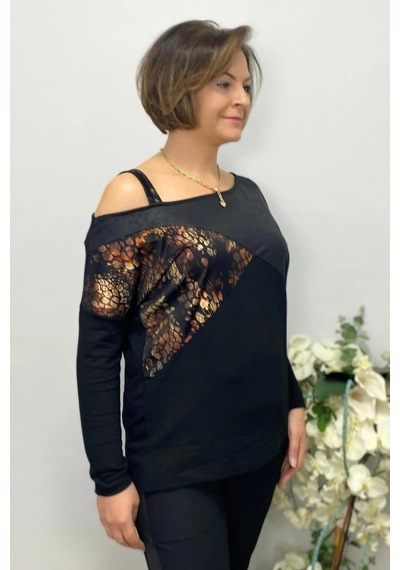 Mia Butik Büyük Beden Kahve Tek Omuz Leopar Detaylı Bluz Kahve