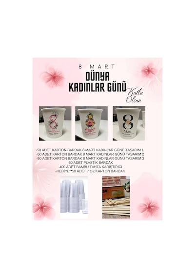 Yeni Ürün 8 Mart Kadınlar Günü Tasarımlı Sepet Karton Bardak,bambu Karıştırıcı,plastik Bardak 1