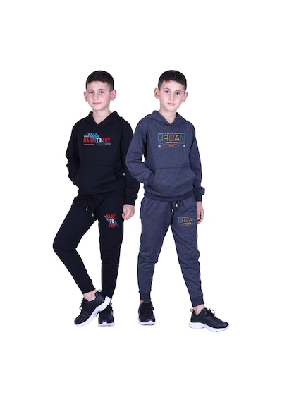 Fyk Kids Erkek Çocuk Baskılı Kanguru Cepli Kapüşonlu 2li Eşofman Takımı Siyah - Füme
