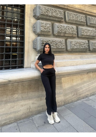 WeShaya Siyah Modal Polyester Dokulu Bisiklet Yaka Takım Siyah