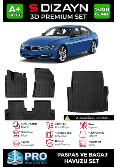 S-dizayn Bmw 3 Serisi F30 3d Pro Havuzlu Paspas Ve Bagaj Havuzu Seti 2'li Set 2012-2019 A+ Kalite
