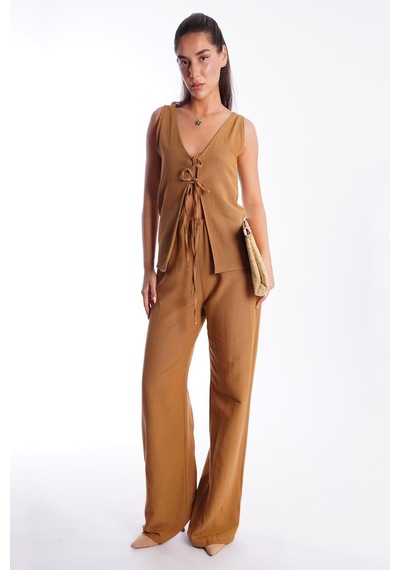 Madmext Camel Önü Bağlamalı Yelek Pantolon Kadın Takım Mg2403