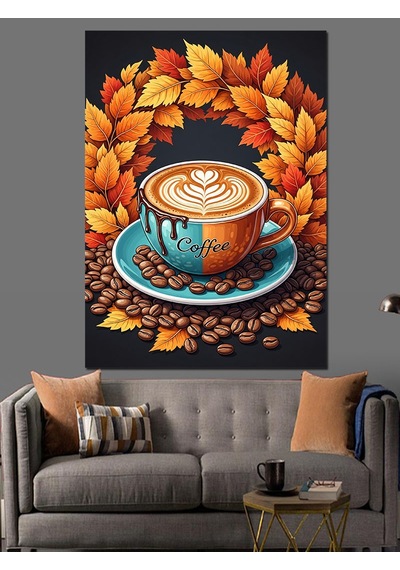 Ahşap Tablo Güz Yaprakları Ve Latte Sanatlı Fincan Kahve