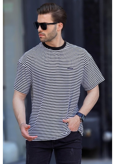 Madmext Siyah Bisiklet Yaka Çizgili Kısa Kollu Arma Detaylı Erkek T-shirt 7031