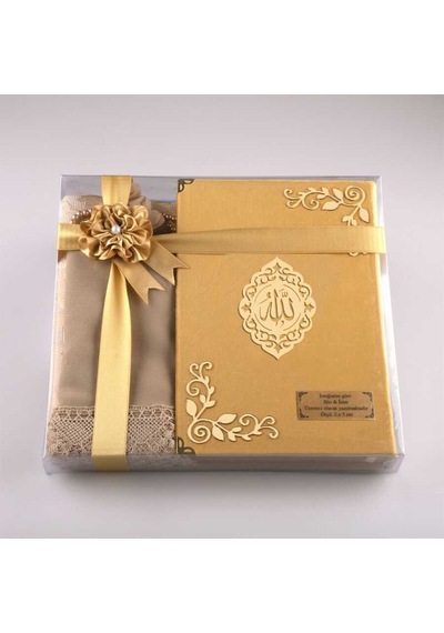 Şal +Seccade +Tesbih +Kuran Hediye Seti (Çanta Boy, Kadife, Gold)