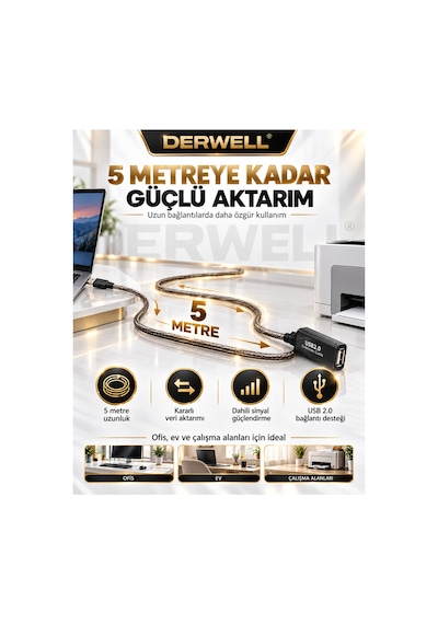 Yeni 2026 5 Metre Usb 2.0 Aktif Uzatma Kablosu Dahili Güçlendirilmiş Sinyal Çipli Kopma Donma Yapmaz Tak Çalıştır Erkek Dişi Yüksek Hızlı Kararlı Veri Aktarım Kablosu Gold Seri Premium
