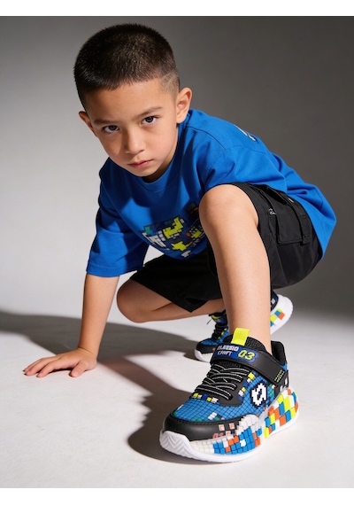 Muggo Block Renkli Blok Tabanlı Cırtlı Ve Bağcıklı Çocuk Sneaker Spor Ayakkabı Mavi