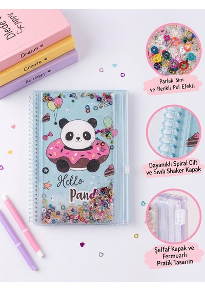 A5 Spiralli Defter 48 Yaprak Çizgili Simli Şeffaf Kapaklı Kedi Desenli Not Defteri Çok Renkli
