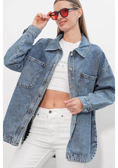 Bigdart Çift Cepli Oversize Denim Buz Mavisi Kadın Ceket 694