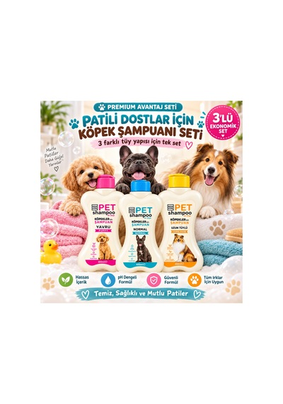 Köpek Şampuan Seti 3x400 Ml Yavru, Normal Ve Uzun Tüylü Köpekler İçin Premium Bakım Paketi