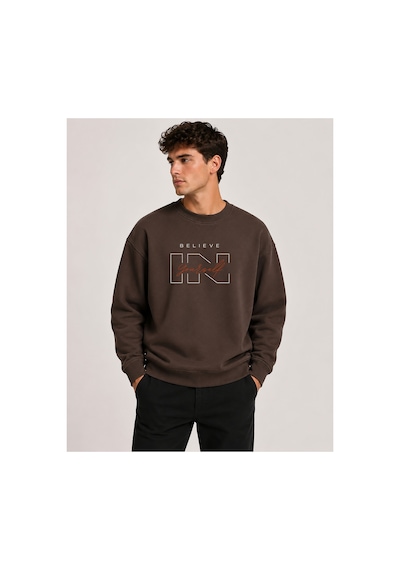 Herkesemoda Believe Baskılı Bisiklet Yaka Şardonlu 2 İplik Sweatshirt Kahverengi