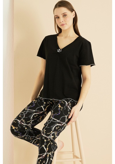 Siyah İnci Pamuklu Bisiklet Yaka Örme Pijama Takım25103221 Siyah
