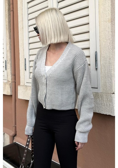 Madmext Gri Uzun Kollu Düğmeli Crop Hırka Mg2198 Gri