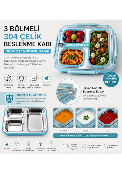 Muzeko Diyet, Beslenme Kabı Mzk4003 Sızdırmaz Kapaklı Metal 3 Bölmeli Lunch Box Beslenme 800ml 304çelik Mavi Okul,piknik,ofisler Açık Mavi