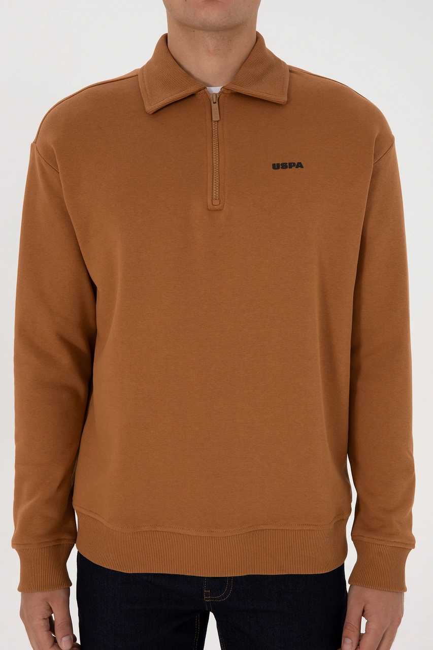 U.S. Polo Assn. Erkek Regular Fit Yarım Fermuarlı Şardonlu Camel Basic Sweatshirt 50313783-VR233