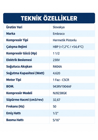 Embraco Nj9238gk 1,5 Hp R404a Hermetik Kompresör 4620 Watt Slovakya Üretimi 1 Adet