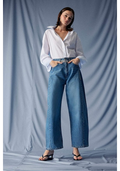 Defacto Barrel Fit Yüksek Bel Bilek Boy Jean Yıkamalı Pantolon F7652ax25aunm28 Mavi