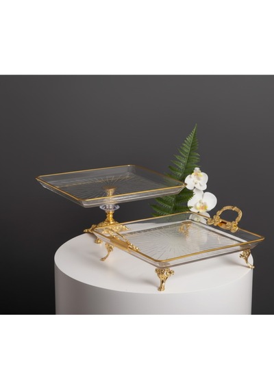 Çnr Home Collection 2 'li Paşabahçe Kristal Metal Ayakli Yaldizli Kare Pasta Sunumluk Kurabiyelik Altin