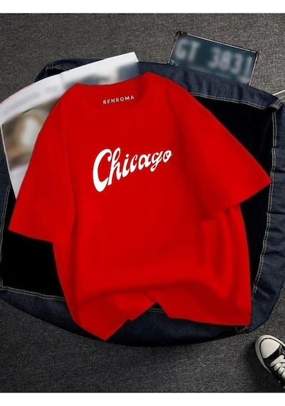 Oversıze Chicago Baskılı Unısex Tisort Baskılı Kirmizi