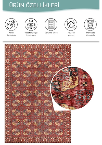 Relic Kırmızı Vintage Dokulu Klasik Desenli Dokuma Tabanlı Şönil Halı Al 475 Kırmızı