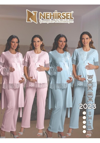 Nehirsel 2023 Mavi Hamile Lohusa 3 Lü Pijama Sabahlık Tk 001