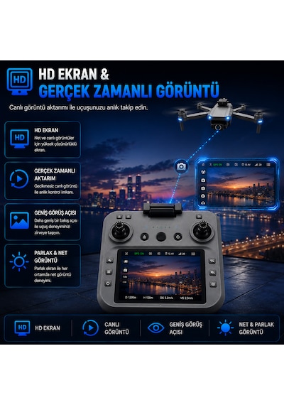 Gps Destekli Profesyonel Drone 4k Kamera, 3 Eksen Gimbal, Engelden Kaçınma Sensörü, Ekranlı Kumanda, Tek Tuş Eve Dönüş
